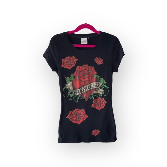 Y2K: Broken Heart ✿ Crystal Rose Tattoo Tee T Shirt ✿ Black Small ✿ Stretch Fit - Picture 3 of 16
